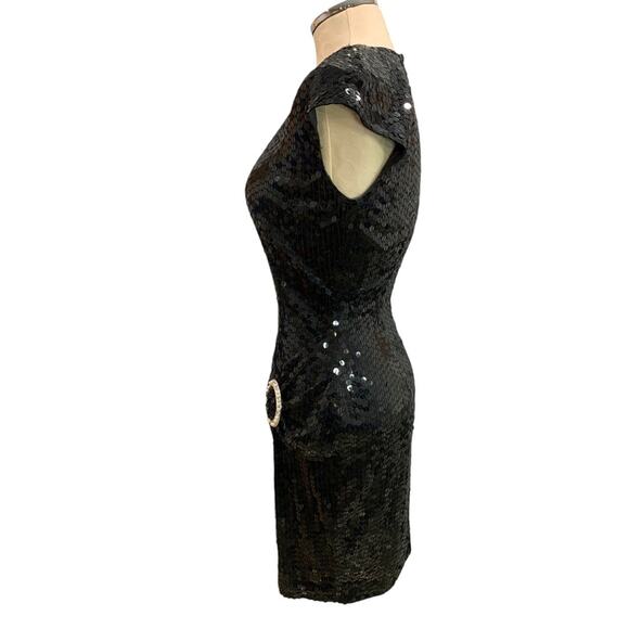 Size 6 Nite Line Vintage 1990s Black Sequin Dress Sheath Waist Drape - Picture 5 of 9